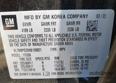 2022 Chevrolet Trailblazer Fwd Lt from USA, damaged, VIN KL79MPS28NB109821